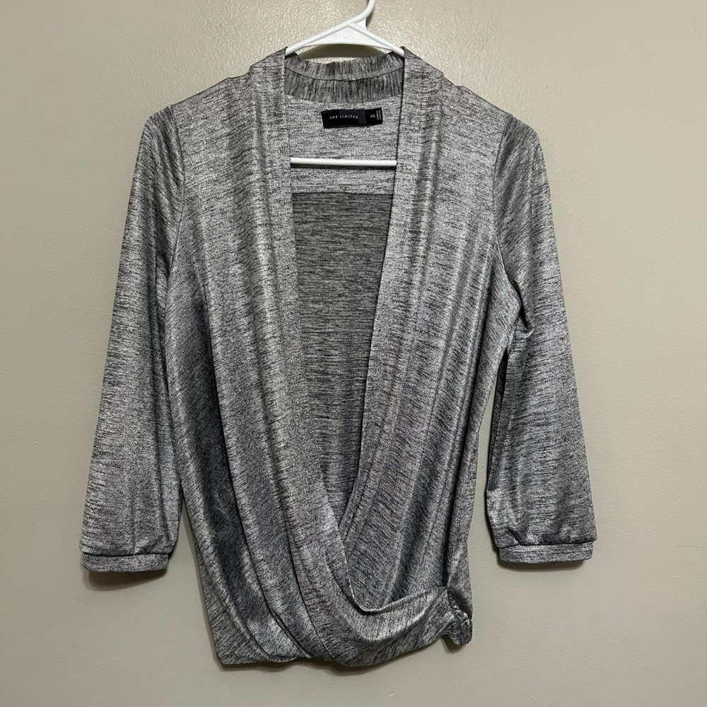 The Limited Wrap Top Women's XS Silver Excellent Metallic Shimmer 3/4 Sleeve Y2k